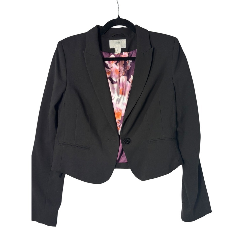 HM Womens Black Cropped Blazer Jacket Floral Satin Lining Beaded Button Size 12 - Picture 2 of 7